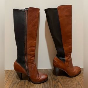 Frye Mikaela Tall Cognac Black Brown Leather Two-Tone Heeled Boots